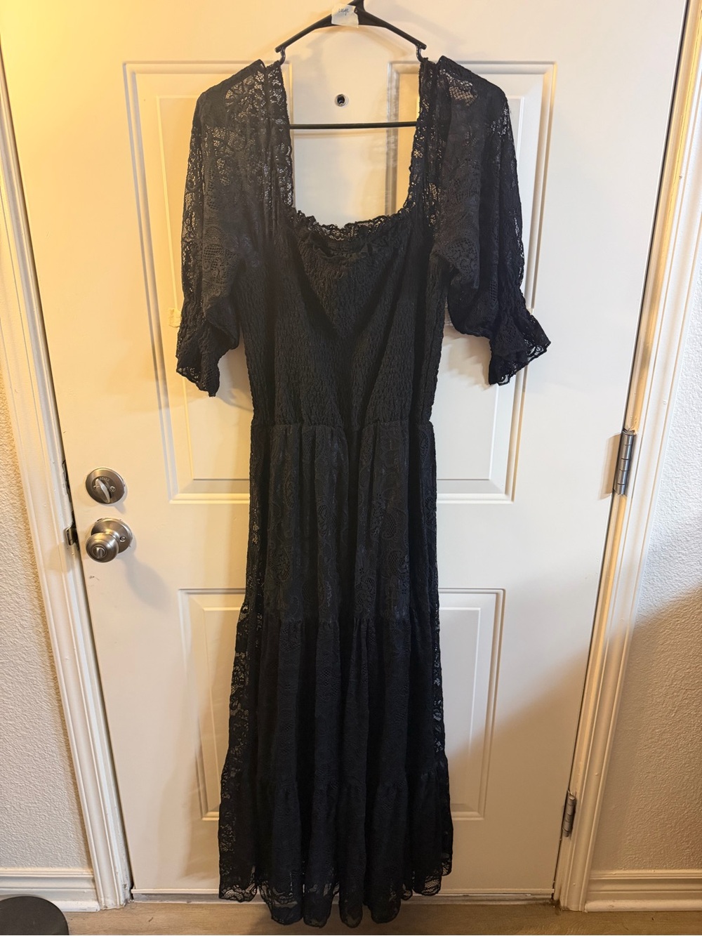 Black Lace Smocked Maxi Dress Cottagecore Gothic Boho Romantic Puff Sleeve L